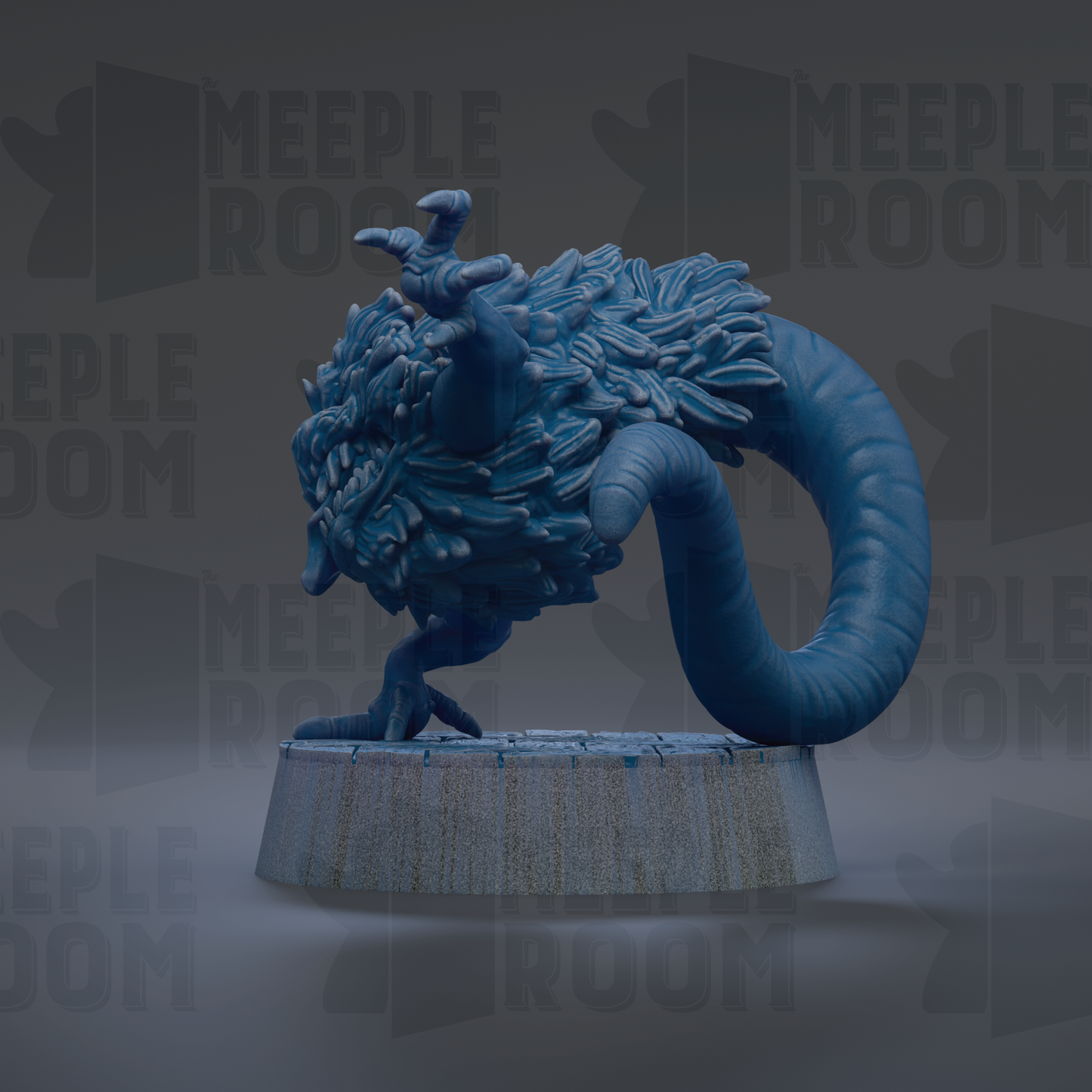 A 3D rendering of a blue, fantastical creature with a long, curled tail and sharp teeth, standing on a platform.