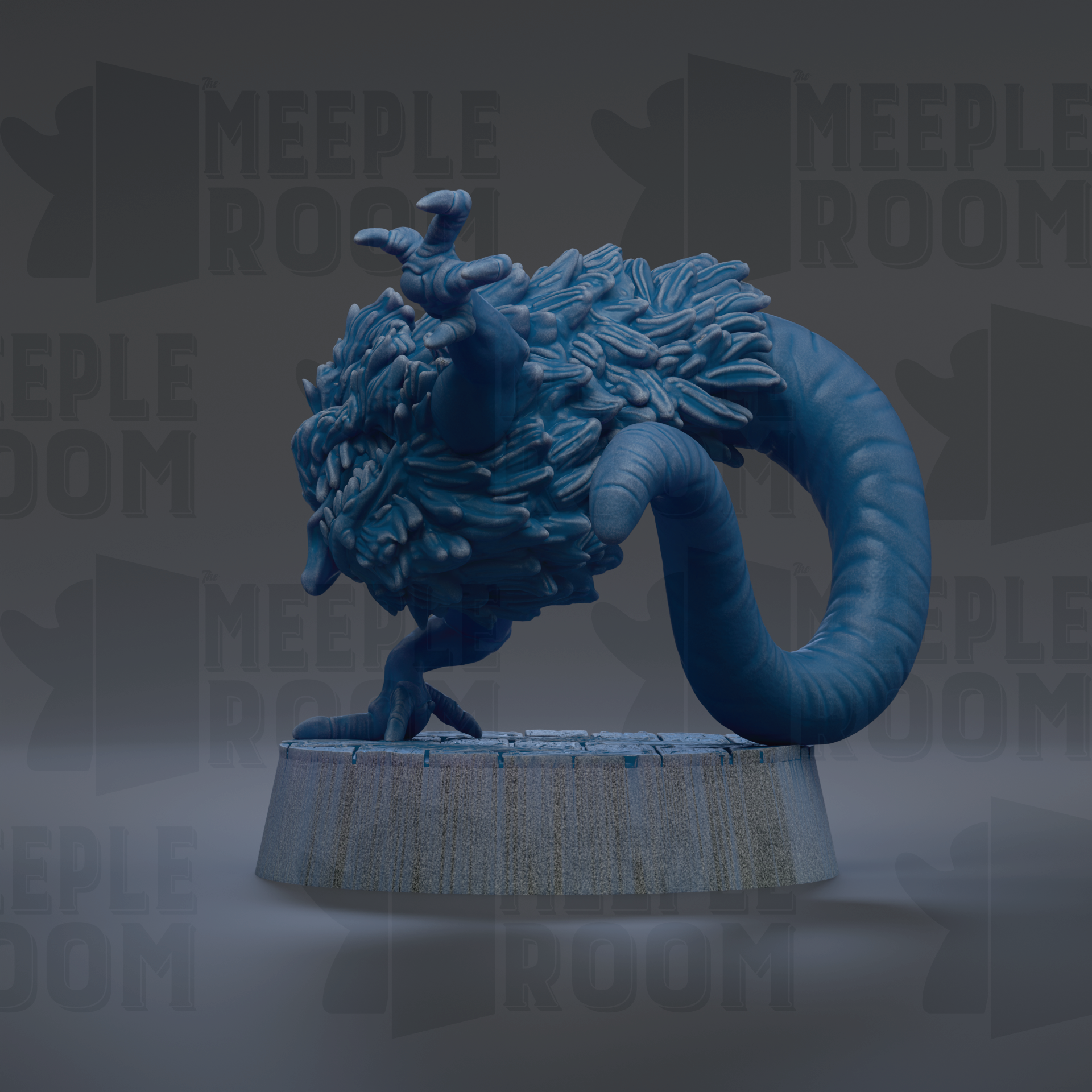 A 3D rendering of a blue, fantastical creature with a long, curled tail and sharp teeth, standing on a platform.