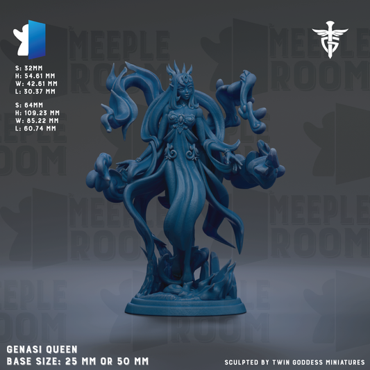 The image is a detailed sculpture of a female figure with multiple arms, standing on a base. The sculpture is described as a "GENASI QUEEN" and is either "25mm" or "50mm" in size, depending on the perspective. The sculpture is sculpted by "TWIN GODESS MINITUDE" and is displayed against a dark background.