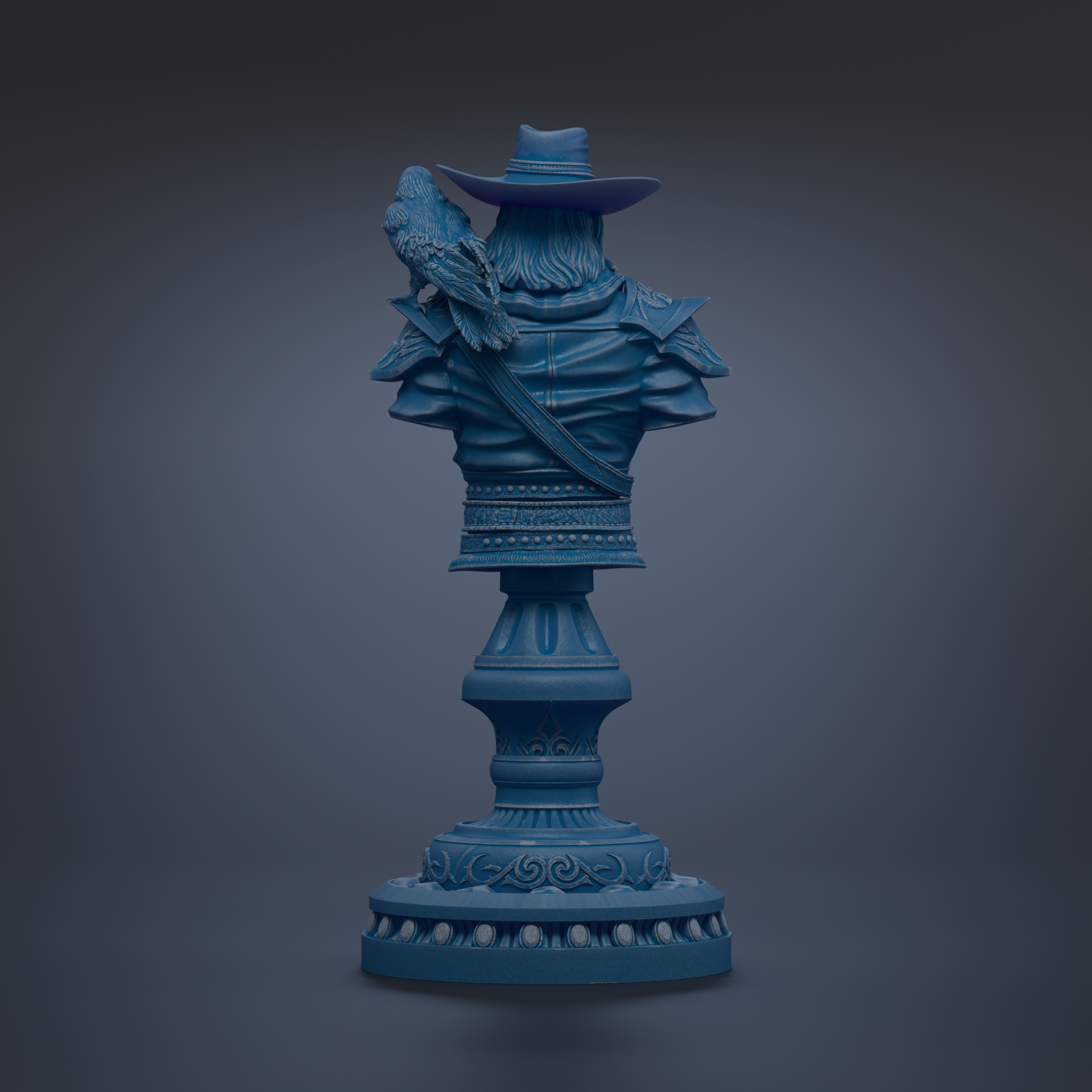 A blue statue of a man wearing a hat and holding a bird on his shoulder, standing on a pedestal with ornate decorations.