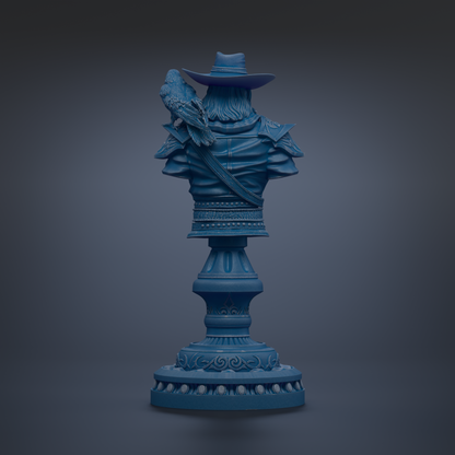 A blue statue of a man wearing a hat and holding a bird on his shoulder, standing on a pedestal with ornate decorations.
