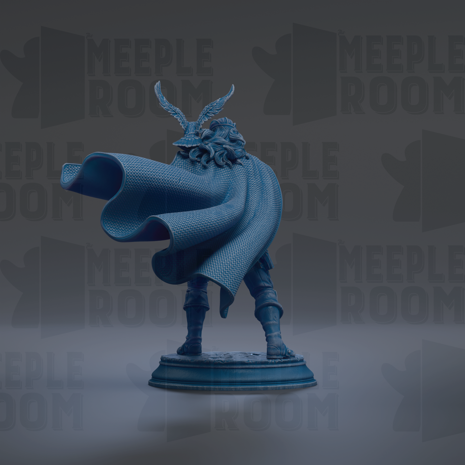 A blue statue of a person with horns and a flowing cape stands on a pedestal against a dark background with repeated text.