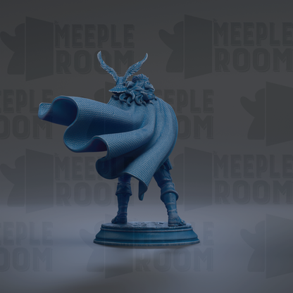 A blue statue of a person with horns and a flowing cape stands on a pedestal against a dark background with repeated text.