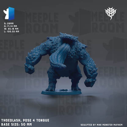 a blue figurine of a creature with a large tongue, posing in a dynamic stance. The figurine is set against a dark background with the text "MEELPO ROOM" repeated multiple times. The base sizes of the figurine are 50mm, 71.14mm, and 100.55mm. The image is described as a "collage of multiple images" and is "sculpted by mini-monSTER MAYHEN".