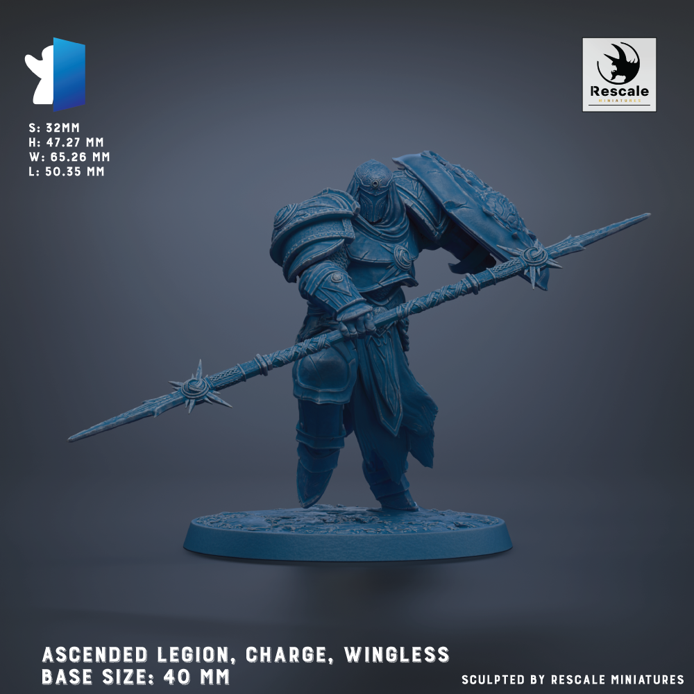 a detailed, blue-colored figurine of a warrior wielding a large weapon, likely a spear or sword, and standing in a fighting stance. The figurine is shown in a dynamic pose, ready for action. The base size of the figurine is 40 mm, and it is described as an "ascended legion, charge, wingless" base size. The image is a sculpted piece, and it is created by Rescale miniatures.