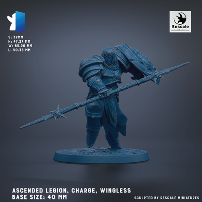 a detailed, blue-colored figurine of a warrior wielding a large weapon, likely a spear or sword, and standing in a fighting stance. The figurine is shown in a dynamic pose, ready for action. The base size of the figurine is 40 mm, and it is described as an "ascended legion, charge, wingless" base size. The image is a sculpted piece, and it is created by Rescale miniatures.