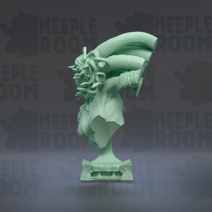 A green bust sculpture with intricate, snake-like designs on its head and neck, set against a dark background with repeated "MEIPLE ROOM" text.