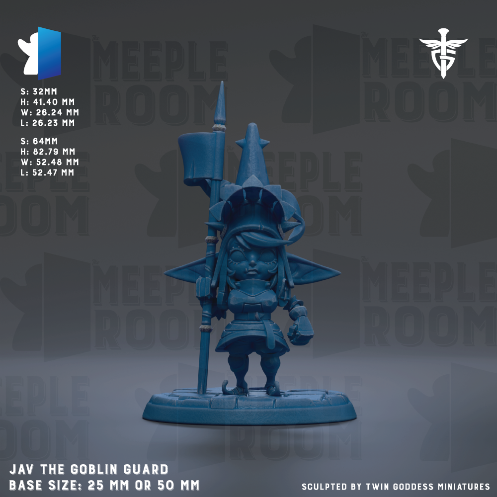 a figurine of a blue-colored character, possibly a dwarf or a magical being, standing on a base. The figurine is described as a "Jav the Goblin Guard" and is shown in a 3D model. The base size of the figurine is either 25mm or 50mm. The image is a collage of multiple images, and it is described as a "Sculpted by Twin Goddesses Miniatures".