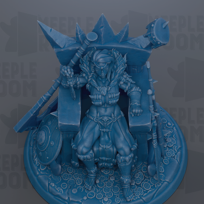 A detailed 3D rendering of a warrior figure seated on a throne, surrounded by various weapons and armor.