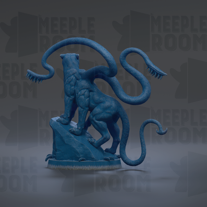 A blue, abstract sculpture resembling a cat or feline figure with a long, curved tail.