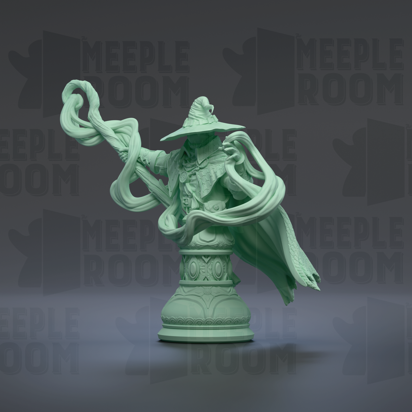A green statue of a wizard or magical figure, with flowing robes and a pointed hat, standing on a pedestal against a dark background with repeated text.