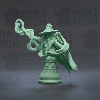 A green statue of a wizard or magical figure, with flowing robes and a pointed hat, standing on a pedestal against a dark background with repeated text.
