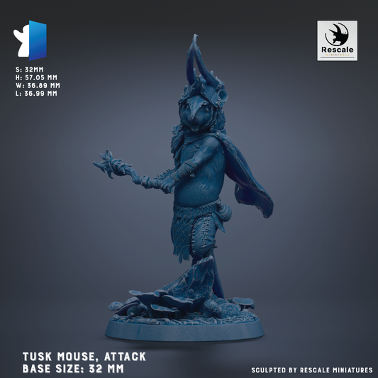A blue figurine of a mouse-like creature with horns and a flowing cape, standing on a base and holding a weapon.