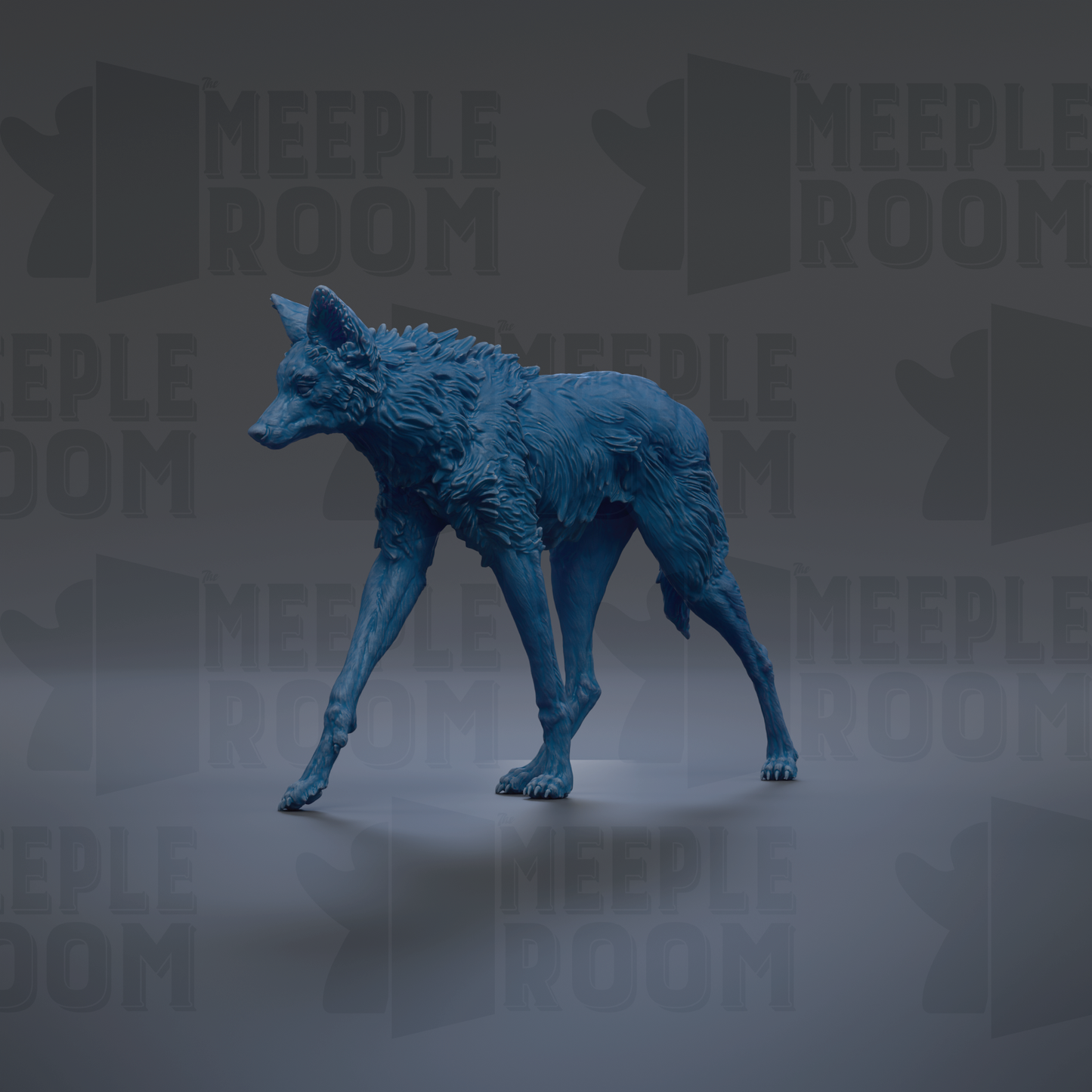 A blue, 3D-rendered wolf statue is shown against a dark background with repeated text.