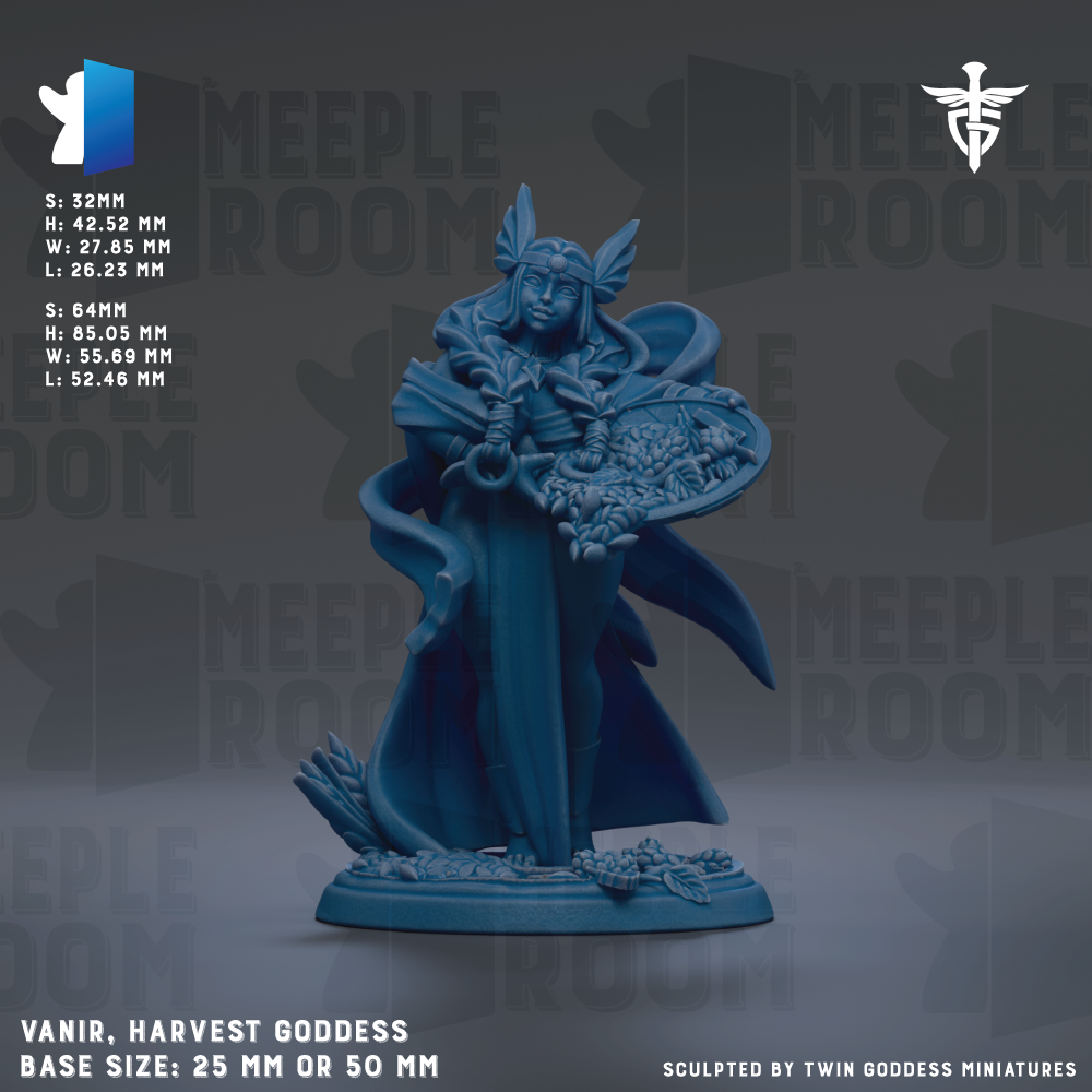 The image is a 3D rendering of a statue of a goddess, specifically the goddess Vanir, who is depicted as a goddess of harvest. The statue is shown in a dynamic pose, holding a shield and a wreath. The statue is set against a dark background, which contrasts with the blue color of the statue. The image is described as a base size of 25mm or 50mm, and it is sculpted by Twin Goddess Miniatures.