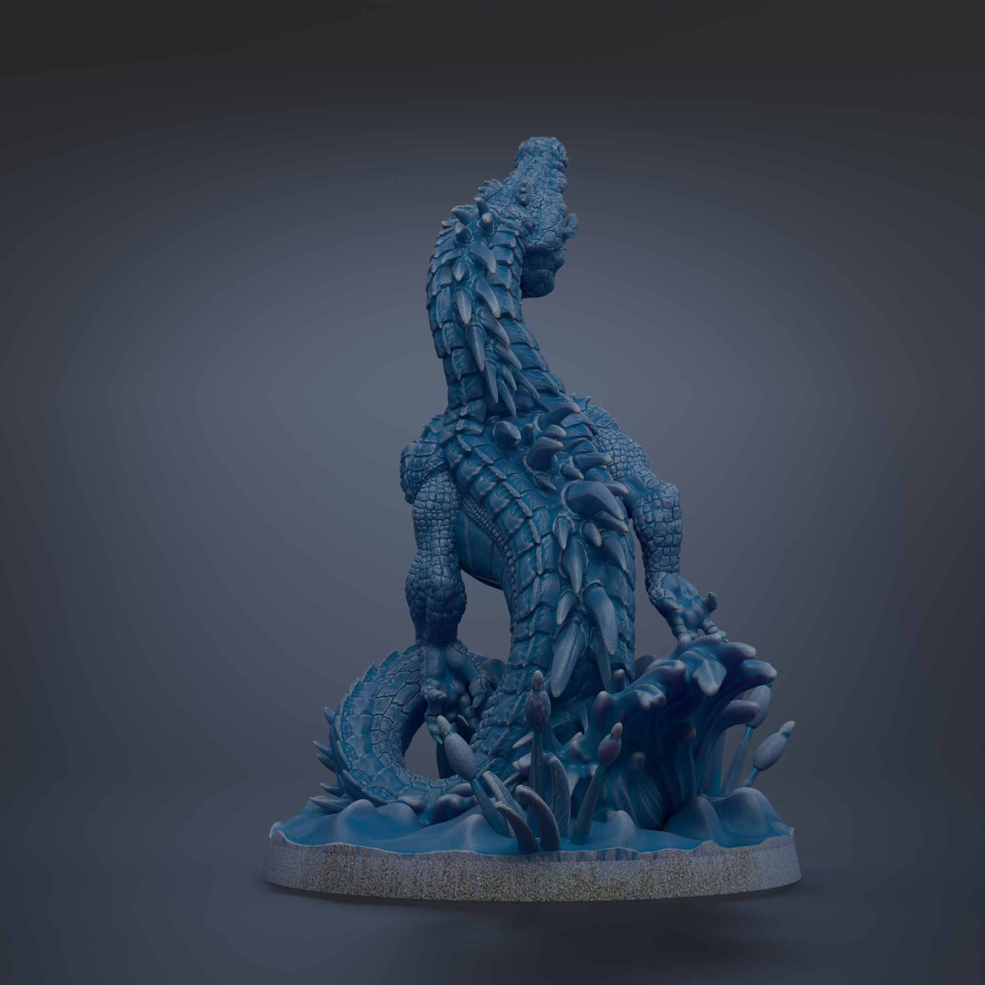 A 3D rendering of a blue, fantastical creature resembling a dragon or serpent, with intricate scales and a coiled body.