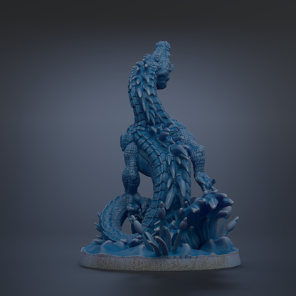 A 3D rendering of a blue, fantastical creature resembling a dragon or serpent, with intricate scales and a coiled body.