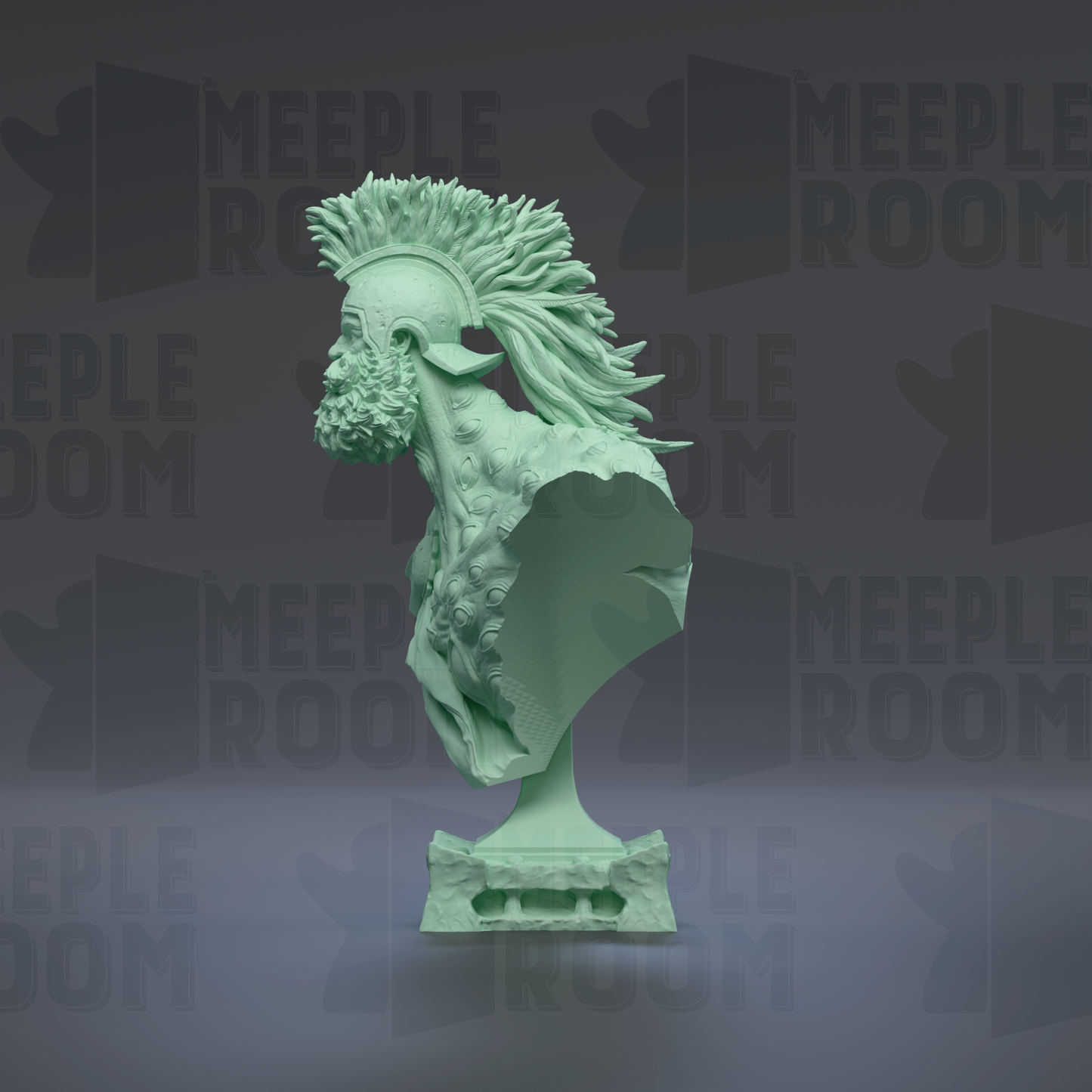 A green bust sculpture of a person with a large headdress, standing on a pedestal against a dark background with repeated text.