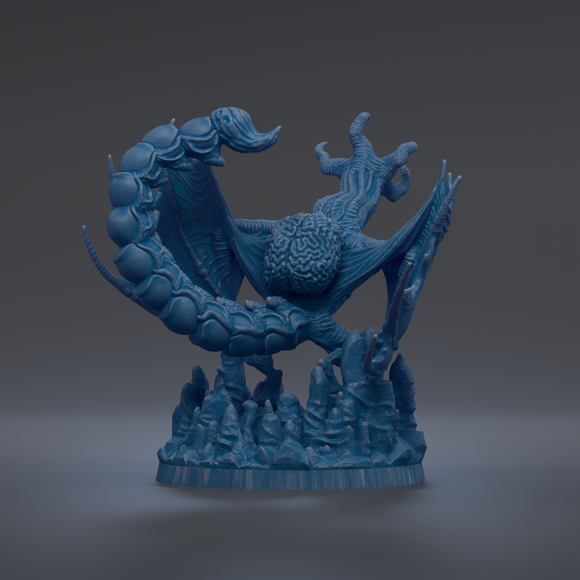 A blue, 3D-rendered dragon-like creature with a brain-like shape on its back, standing on a base with other smaller dragon-like figures.