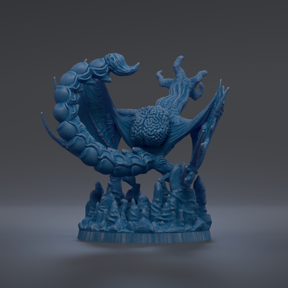 A blue, 3D-rendered dragon-like creature with a brain-like shape on its back, standing on a base with other smaller dragon-like figures.