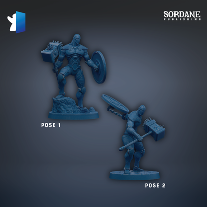 two blue figurines, each holding a shield and a sword, set against a dark background.