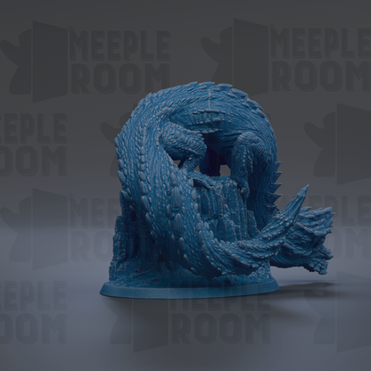 A 3D rendering of a blue, intricate dragon-like creature with a curled body and sharp teeth, set against a dark background with repeated text.