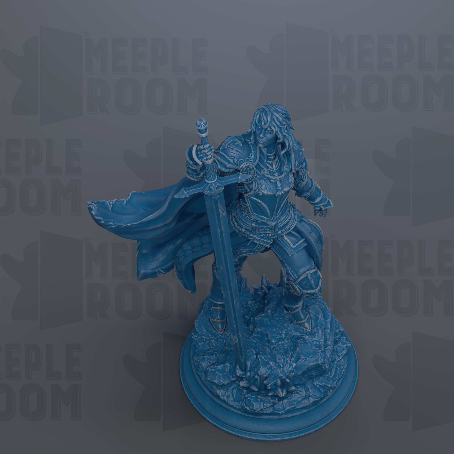 A blue figurine of a warrior figure holding a sword and shield, standing on a base.