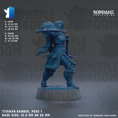 The image is a 3D rendering of a blue statue of a warrior figure, specifically a Titianan Ranger, posed in a fighting stance. The statue is standing on a base and is described as a pose 1. The base size is either 12.5 mm or 25 mm. The image is a collage of multiple images, and it is described as being published by Sordane Publishing.