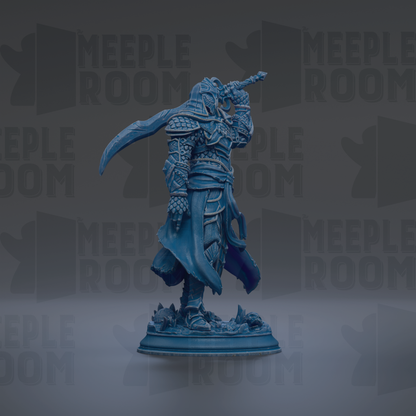 A blue statue of a warrior figure holding a sword and shield, standing on a pedestal against a dark background with repeated text.