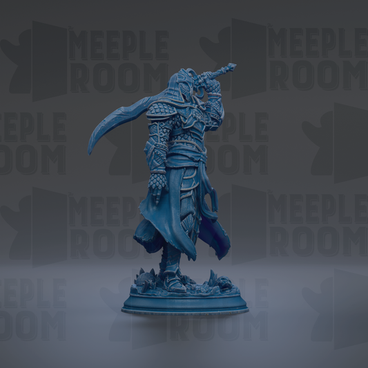 A blue statue of a warrior figure holding a sword and shield, standing on a pedestal against a dark background with repeated text.
