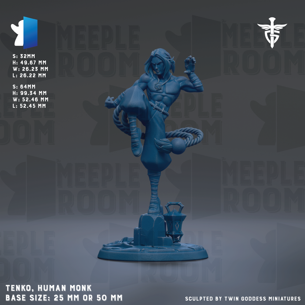 A figurine of a human monk, painted in a dark blue color, is displayed against a dark gray background. The figurine is described as having a base size of 25 mm or 50 mm.