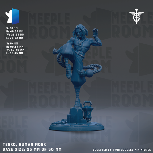 A figurine of a human monk, painted in a dark blue color, is displayed against a dark gray background. The figurine is described as having a base size of 25 mm or 50 mm.