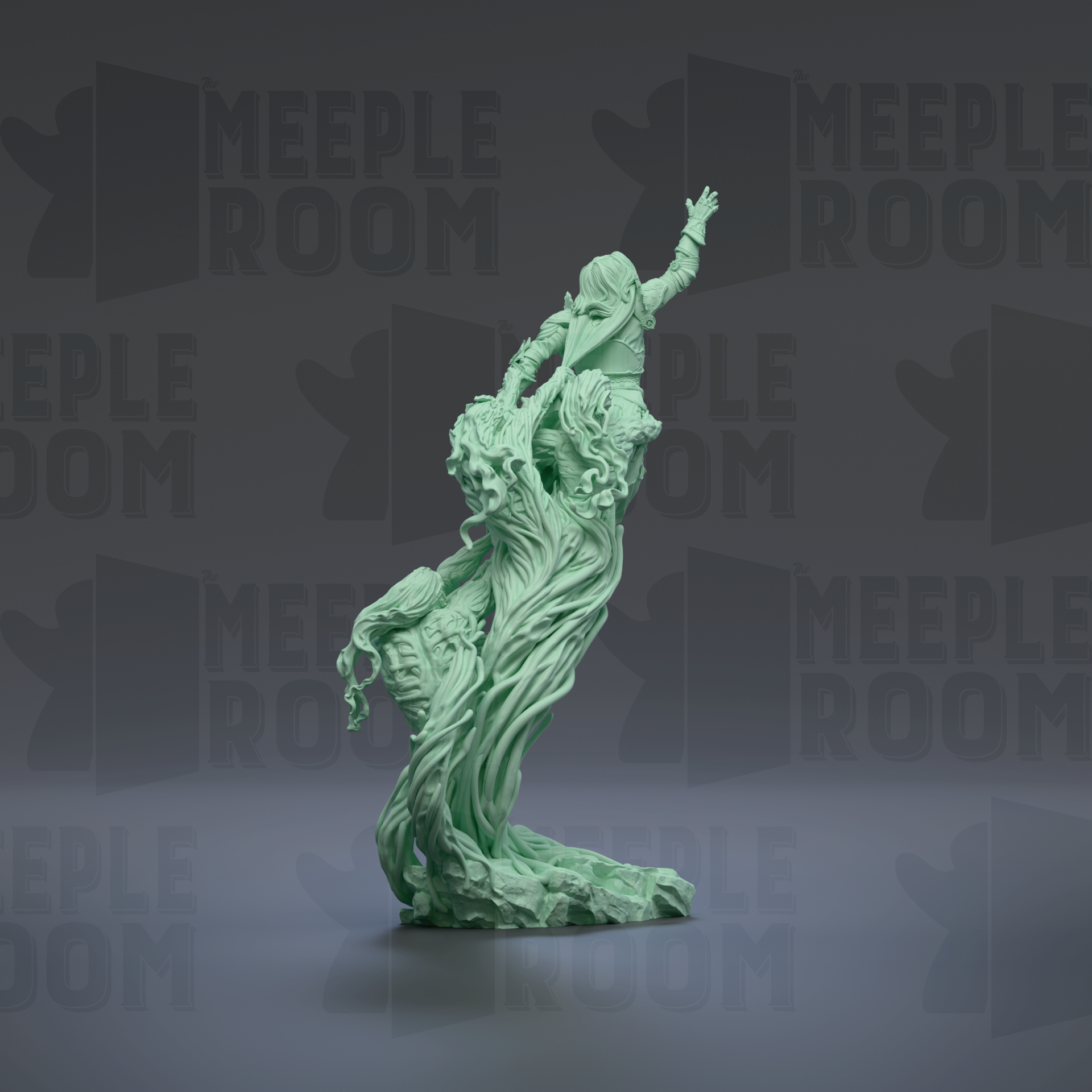 A green, abstract sculpture with flowing, organic shapes stands against a dark background with repeated "MEIPLE ROOM" text.