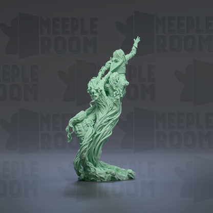 A green, abstract sculpture with flowing, organic shapes stands against a dark background with repeated "MEIPLE ROOM" text.