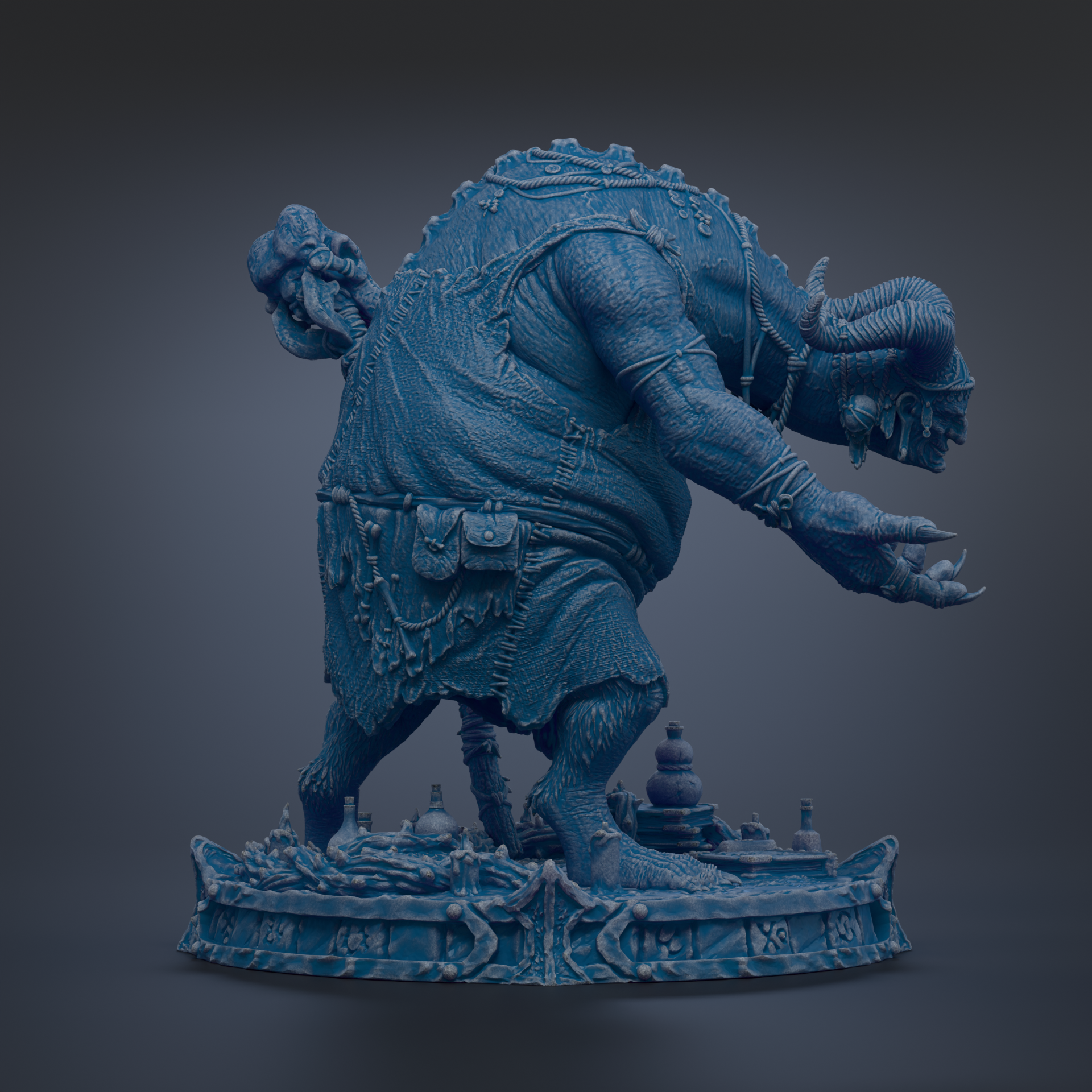 A detailed 3D rendering of a fantastical creature, possibly a mythical or magical being, with intricate textures and patterns. The creature appears to be a large, imposing figure with a long neck, curved horns, and a muscular build. It is standing on a platform or base, which is adorned with various objects and symbols, adding to the overall visual complexity of the scene.