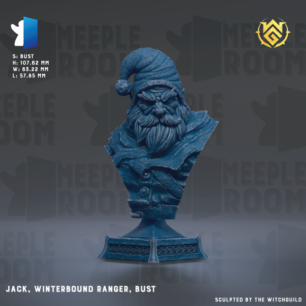 The image is a bust of a character named Winterbound Ranger, also known as Jack, created by the Witchguild. The character is depicted in a blue color and is shown in a dynamic pose, with a stern expression on his face. The background of the image is a dark gray color, which contrasts with the character's blue color and makes him stand out prominently. The bust is placed on a pedestal, and the text "JACK, WINTERBOUND RANGER, BUST" is visible, indicating the name of the character.