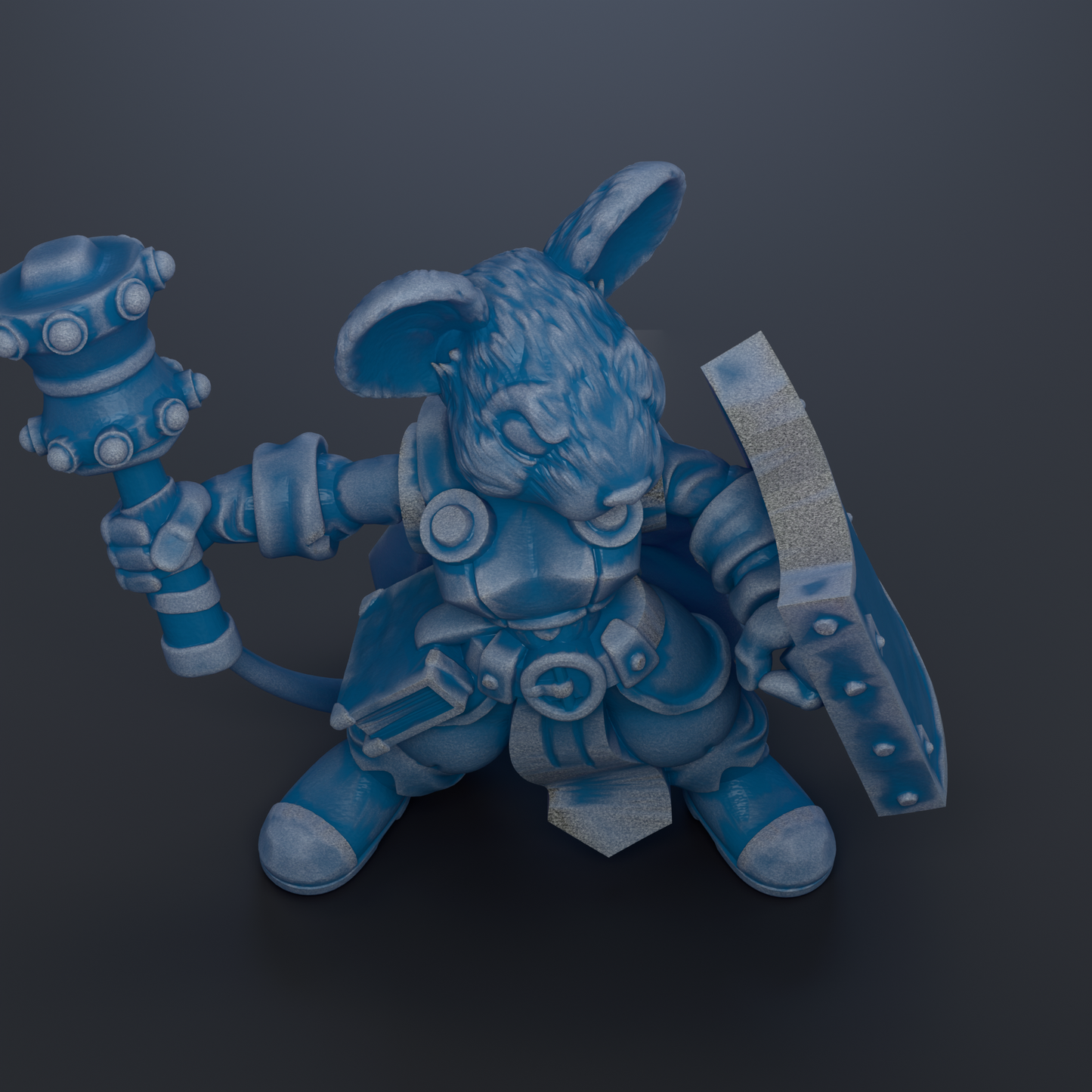 A 3D rendering of a blue, furry mouse character holding a weapon and standing on two legs.