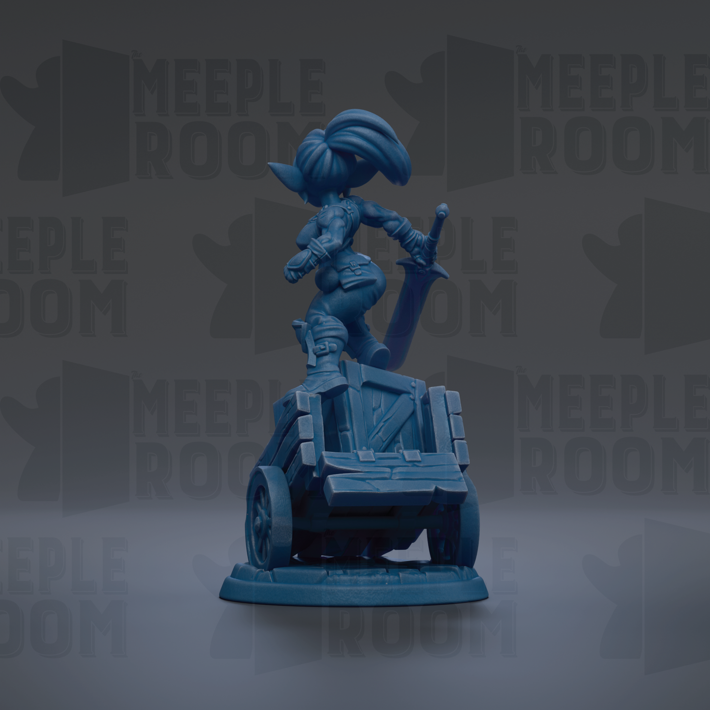 A blue figurine of a character with a sword stands on a platform against a dark background with repeated text.