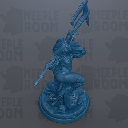 A blue figurine of a female warrior wielding a spear and shield, standing on a pedestal.