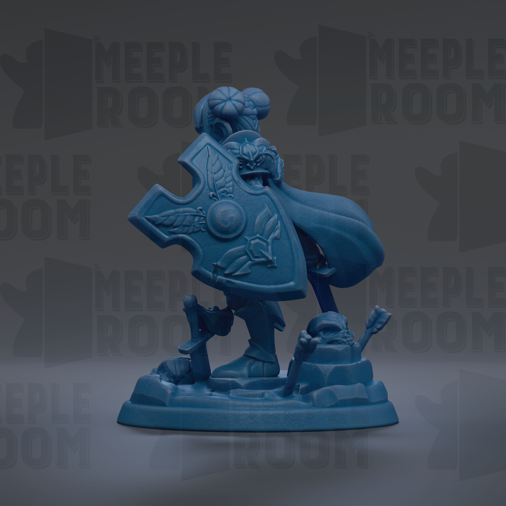 A blue figurine of a character with a shield and a crown, standing on a base with a skull and a frog.