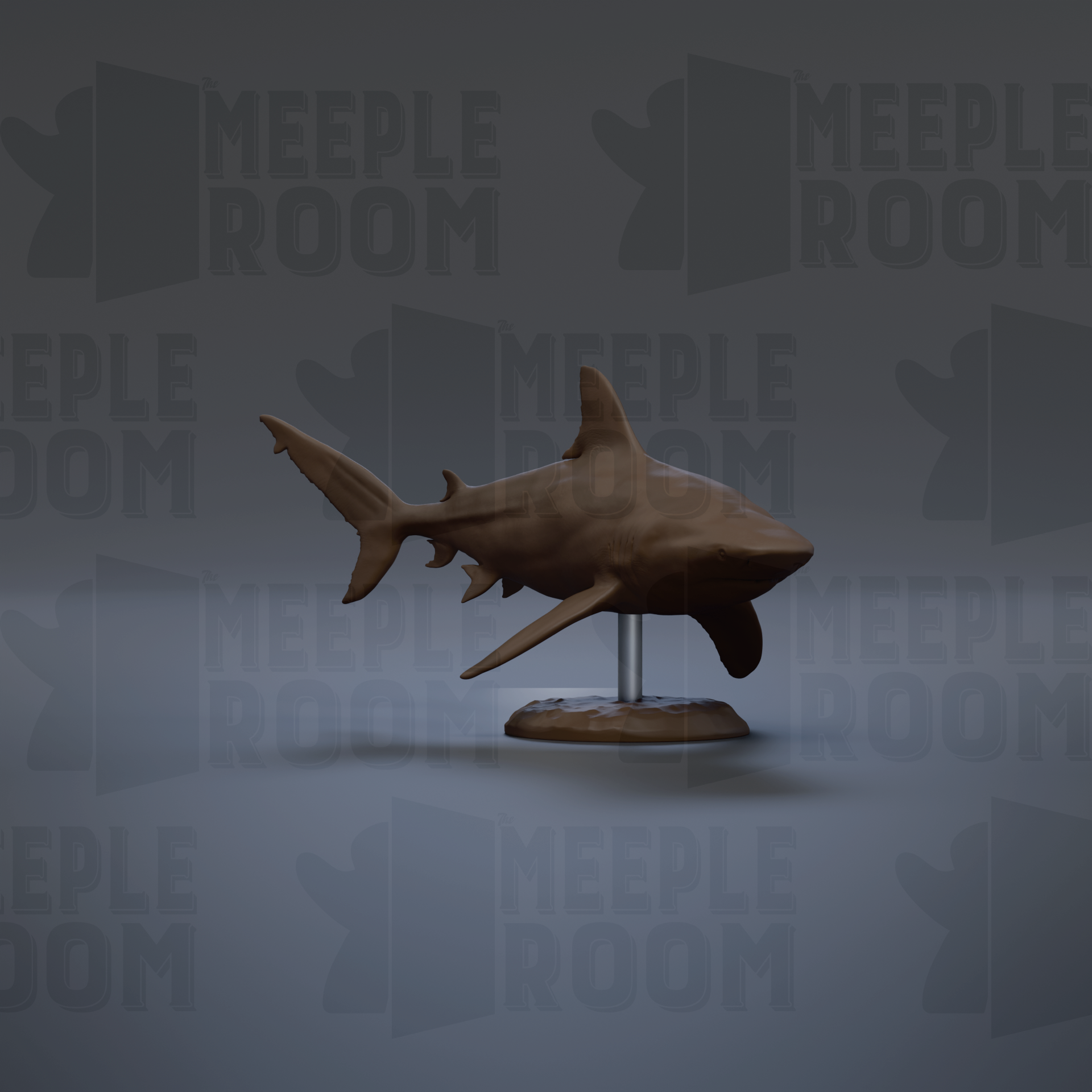A 3D model of a shark is displayed on a stand against a gray background with repeated text.