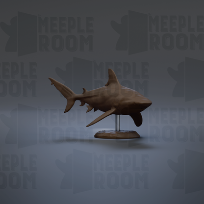 A 3D model of a shark is displayed on a stand against a gray background with repeated text.
