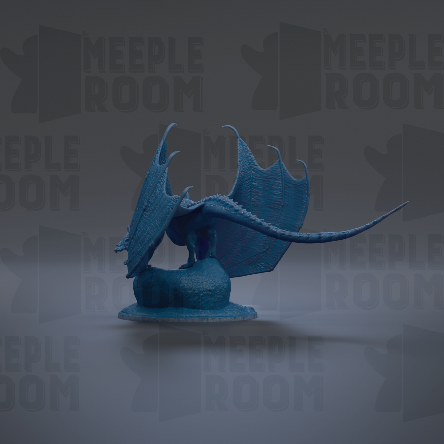 A blue dragon figurine is shown against a dark background with repeated text.