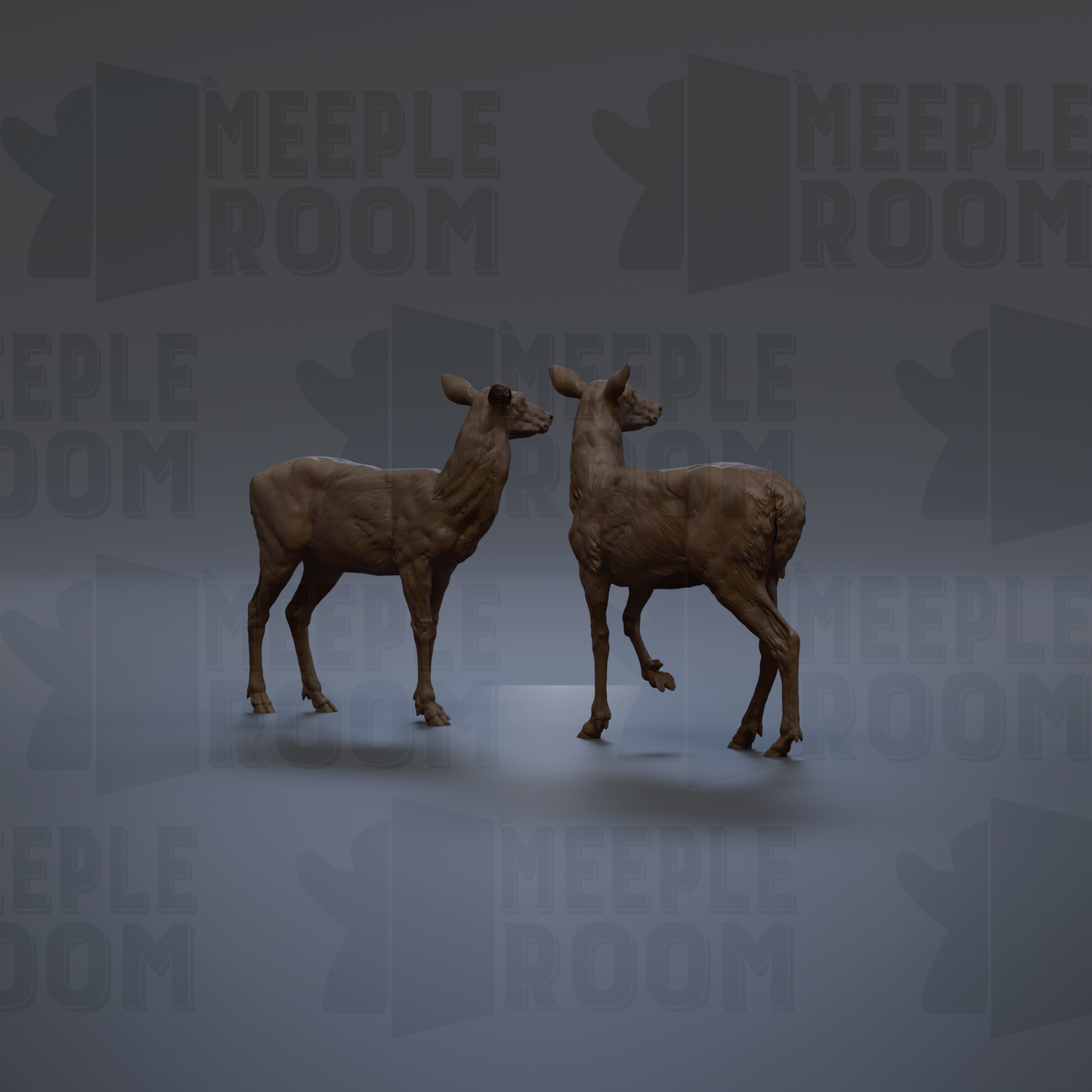 two deer statues standing side by side against a dark background with repeated text.