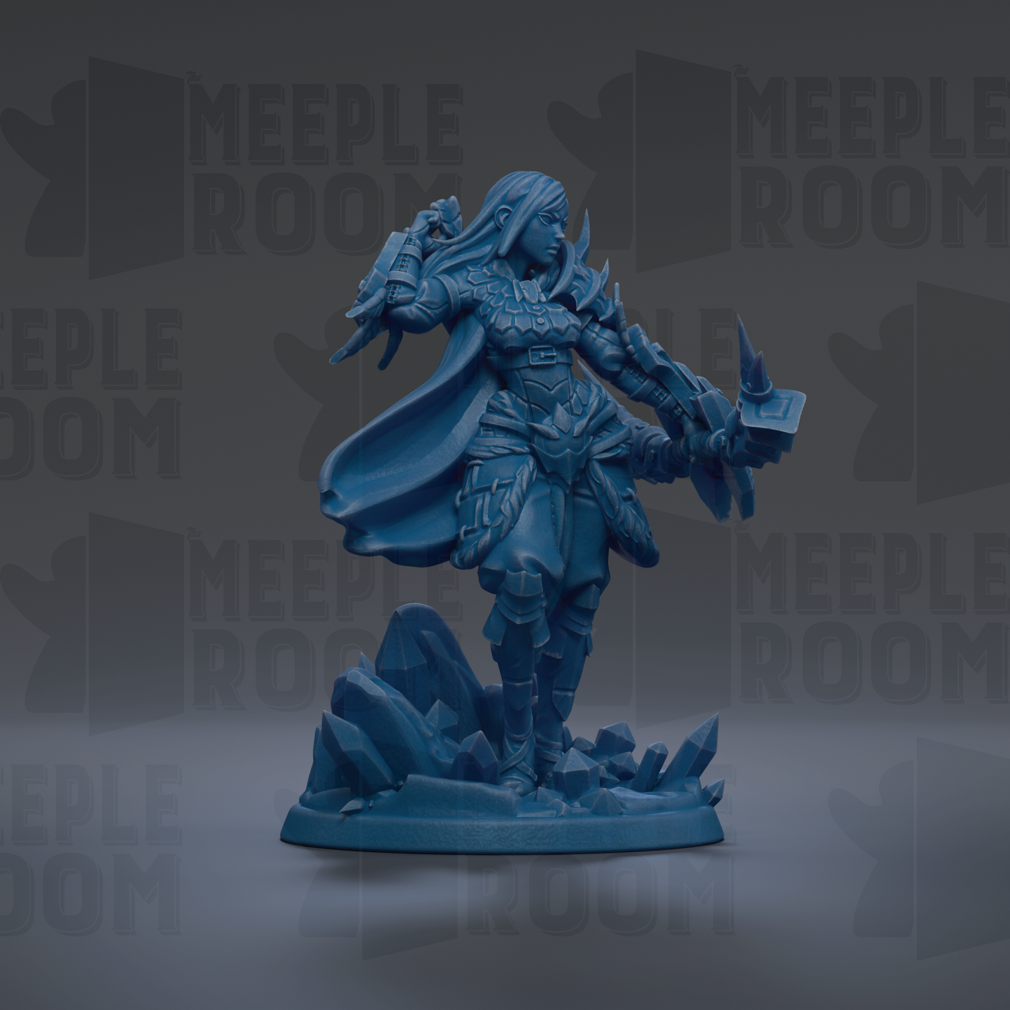 A blue figurine of a warrior standing on a rocky base, holding a shield and sword.