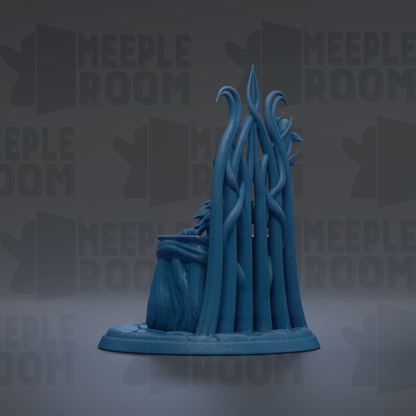 A blue, abstract sculpture with a unique, organic design resembling a plant or tree-like structure.