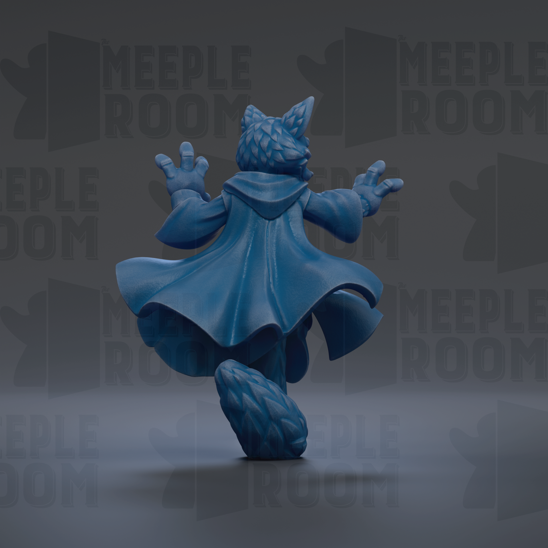 A 3D rendering of a blue fox-like creature with a flowing cape, standing on one leg against a dark background with repeated text.