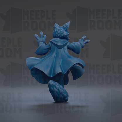 A 3D rendering of a blue fox-like creature with a flowing cape, standing on one leg against a dark background with repeated text.