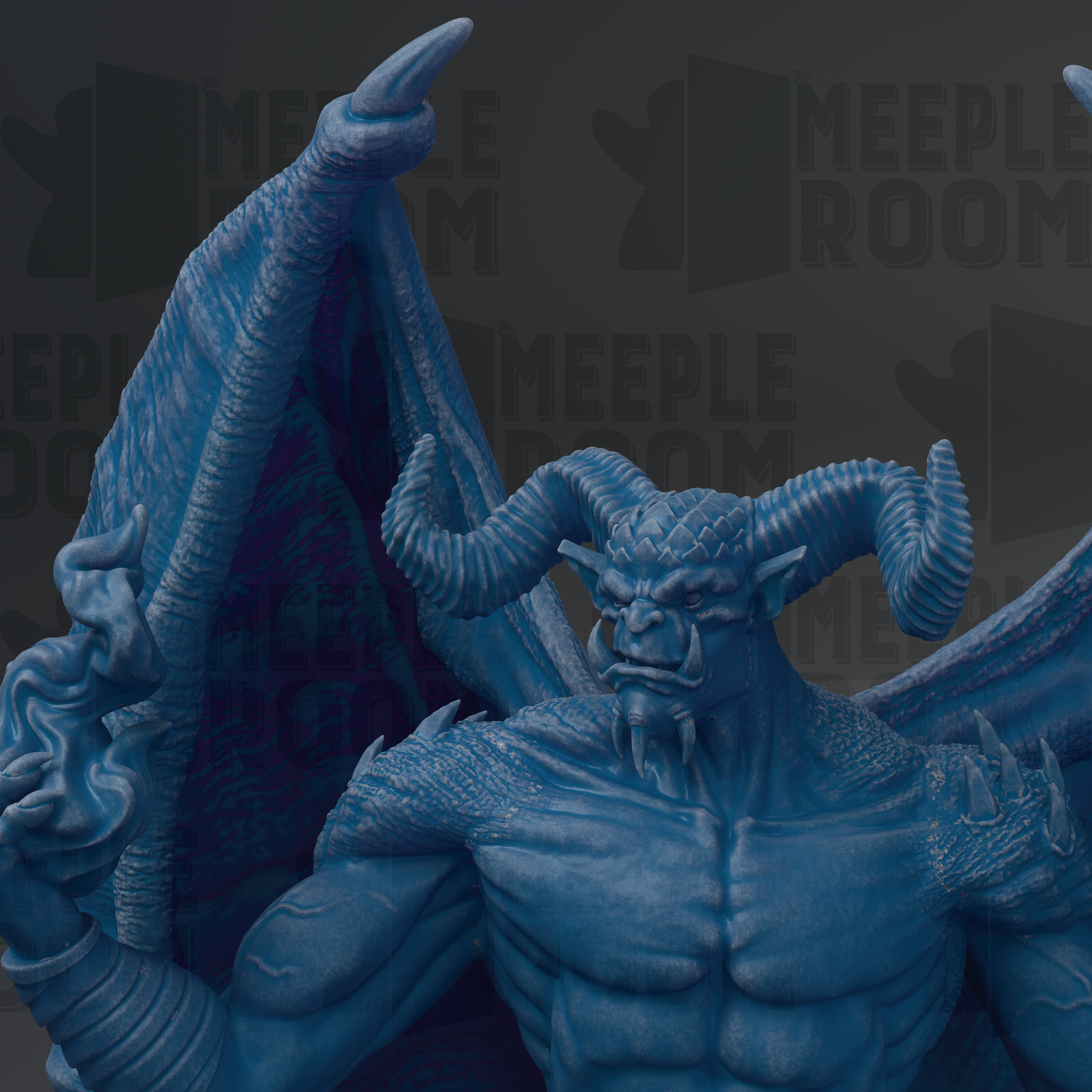 A close-up of a blue, winged, horned creature with a fierce expression, possibly a mythical or fantastical creature.