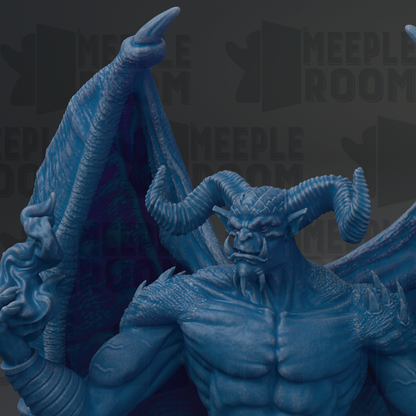 A close-up of a blue, winged, horned creature with a fierce expression, possibly a mythical or fantastical creature.